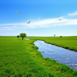 A serene landscape with a clear blue sky, lush green fields, and a sparkling river flowing through it