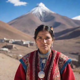 A woman from Potosi in Bolivia, dressed in traditional attire and accessories. She's standing with the iconic Cerro Rico in the background.