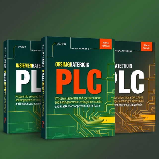 Buat tiga desain cover buku yang menarik tentang pengenalan programmable logic control (PLC) dengan tema teknologi yang mencakup mesin pabrik, instalasi PLC, dan teknologi