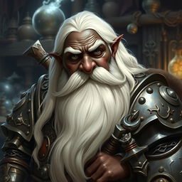 A dwarf artificer with black skin, long white hair, and a very long white beard