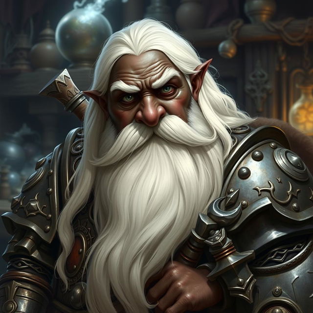 A dwarf artificer with black skin, long white hair, and a very long white beard