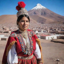 A woman from Potosi in Bolivia, dressed in traditional attire and accessories. She's standing with the iconic Cerro Rico in the background.