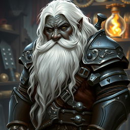 A dwarf artificer with black skin, long white hair, and a very long white beard