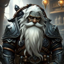 A dwarf artificer with black skin, long white hair, and a very long white beard