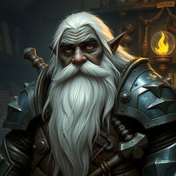 A dwarf artificer with black skin, long white hair, and a very long white beard