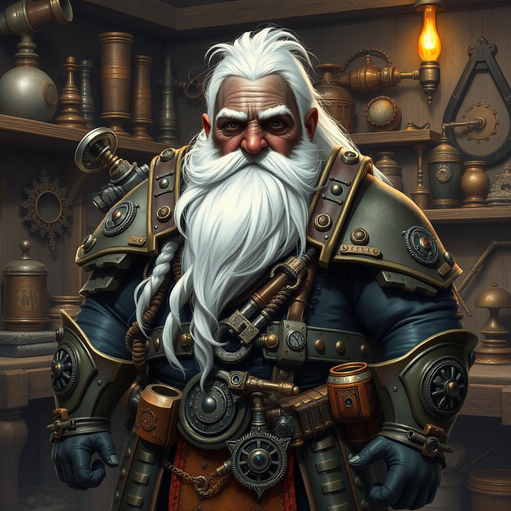 A dwarf artificer with deep black skin, long white hair, a very long white beard, and gray eyes