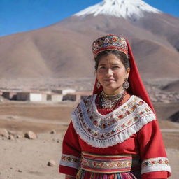 A woman from Potosi in Bolivia, dressed in traditional attire and accessories. She's standing with the iconic Cerro Rico in the background.