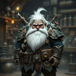 A dwarf artificer with deep black skin, long white hair, a very long white beard, and gray eyes