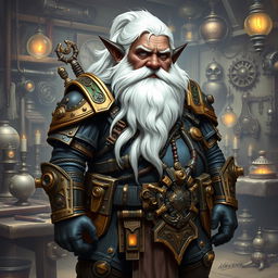 A dwarf artificer with deep black skin, long white hair, a very long white beard, and gray eyes