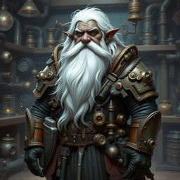 A dwarf artificer with deep black skin, long white hair, a very long white beard, and gray eyes