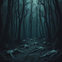 A dark and eerie forest scene filled with corpses scattered around