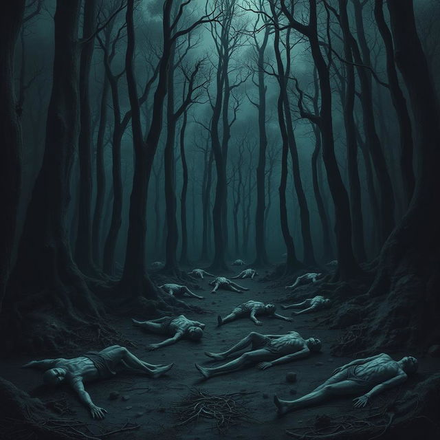 A dark and eerie forest scene filled with corpses scattered around