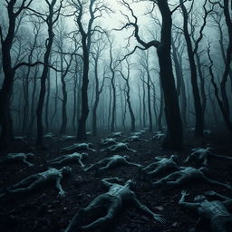 A dark and eerie forest scene filled with corpses scattered around