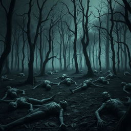 A dark and eerie forest scene filled with corpses scattered around