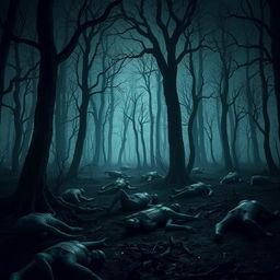 A dark and eerie forest scene filled with corpses scattered around