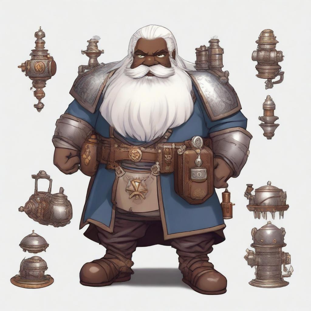 A dwarf artificer with black skin, long white hair, a very long white beard, and gray eyes