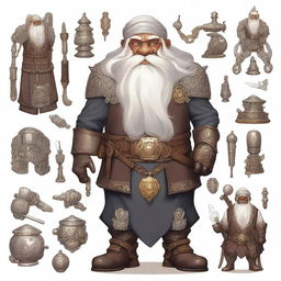 A dwarf artificer with black skin, long white hair, a very long white beard, and gray eyes