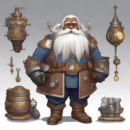 A dwarf artificer with black skin, long white hair, a very long white beard, and gray eyes