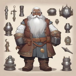 A dwarf artificer with black skin, long white hair, a very long white beard, and gray eyes