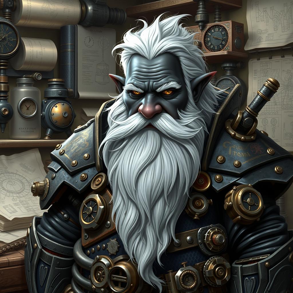 Create an image of an artificer dwarf with black skin, grayish eyes, white hair, and a big beard