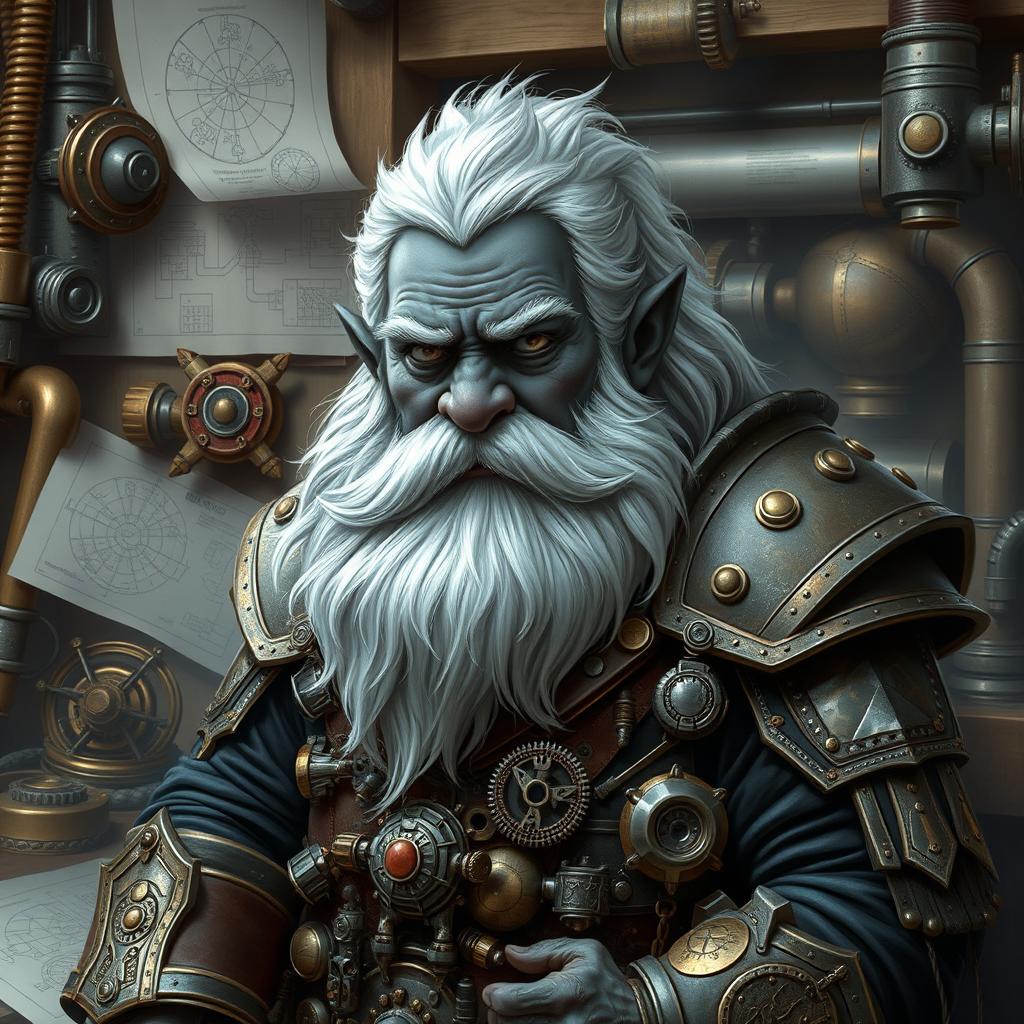 Create an image of an artificer dwarf with black skin, grayish eyes, white hair, and a big beard