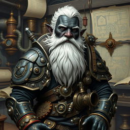 Create an image of an artificer dwarf with black skin, grayish eyes, white hair, and a big beard