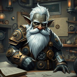 Create an image of an artificer dwarf with black skin, grayish eyes, white hair, and a big beard