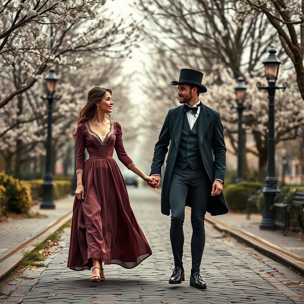 A promenade scene of a 20-year-old girl and guy walking together in the 1820s, courting