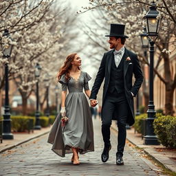 A promenade scene of a 20-year-old girl and guy walking together in the 1820s, courting