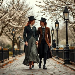 A promenade scene of a 20-year-old girl and guy walking together in the 1820s, courting