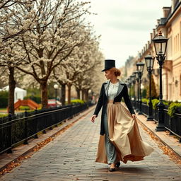 A promenade scene of a 20-year-old girl and guy walking together in the 1820s, courting