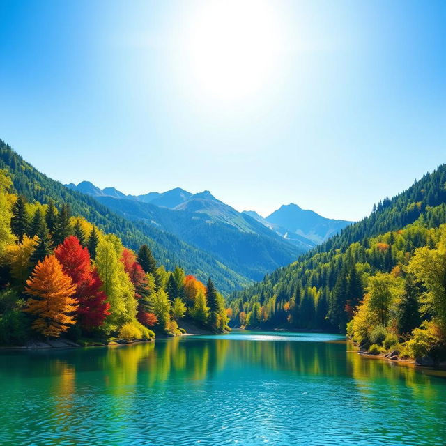 A vibrant and colorful landscape featuring a serene lake surrounded by lush green trees and mountains in the background