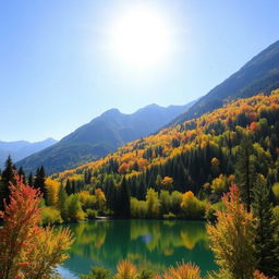 A vibrant and colorful landscape featuring a serene lake surrounded by lush green trees and mountains in the background