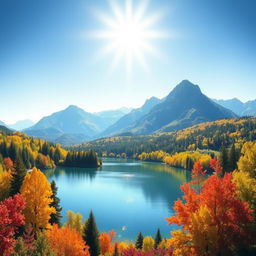 A vibrant and colorful landscape featuring a serene lake surrounded by lush green trees and mountains in the background