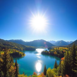 A vibrant and colorful landscape featuring a serene lake surrounded by lush green trees and mountains in the background