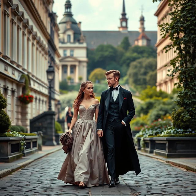 A promenade scene in 1820 London of a 20-year-old girl and guy walking together in a Bridgerton style