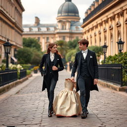 A promenade scene in 1820 London of a 20-year-old girl and guy walking together in a Bridgerton style