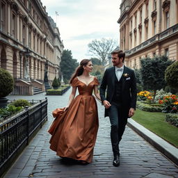 A promenade scene in 1820 London of a 20-year-old girl and guy walking together in a Bridgerton style