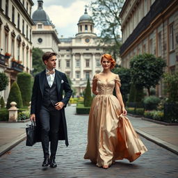 A promenade scene in 1820 London of a 20-year-old girl and guy walking together in a Bridgerton style