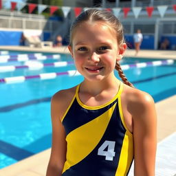 A 14-year-old girl wearing a water polo suit, standing alone by the poolside