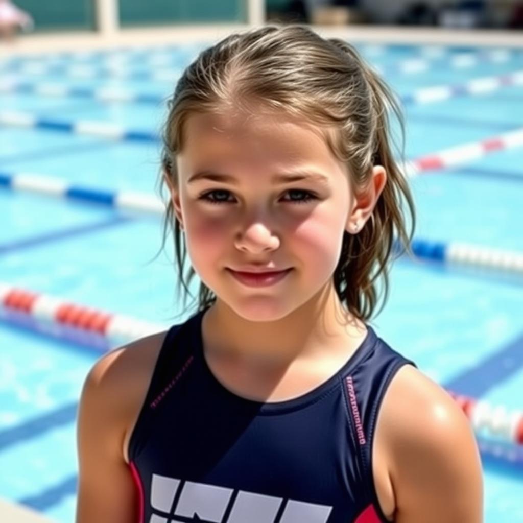 A 14-year-old girl wearing a water polo suit, standing alone by the poolside