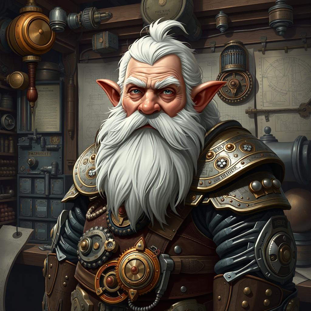 Create an image of an artificer dwarf with brown skin, grayish eyes, white hair, and a big beard