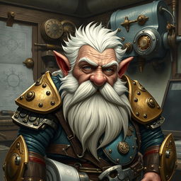 Create an image of an artificer dwarf with brown skin, grayish eyes, white hair, and a big beard