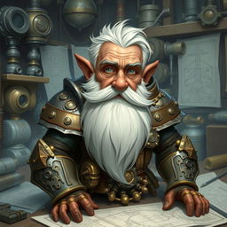 Create an image of an artificer dwarf with brown skin, grayish eyes, white hair, and a big beard