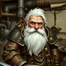 Create an image of an artificer dwarf with brown skin, grayish eyes, white hair, and a big beard