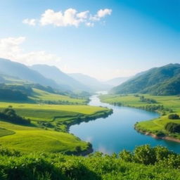 Generate an image of a beautiful, serene landscape with a clear blue sky, lush green fields, and a calm river flowing through it