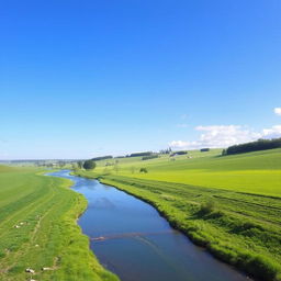 Generate an image of a beautiful, serene landscape with a clear blue sky, lush green fields, and a calm river flowing through it