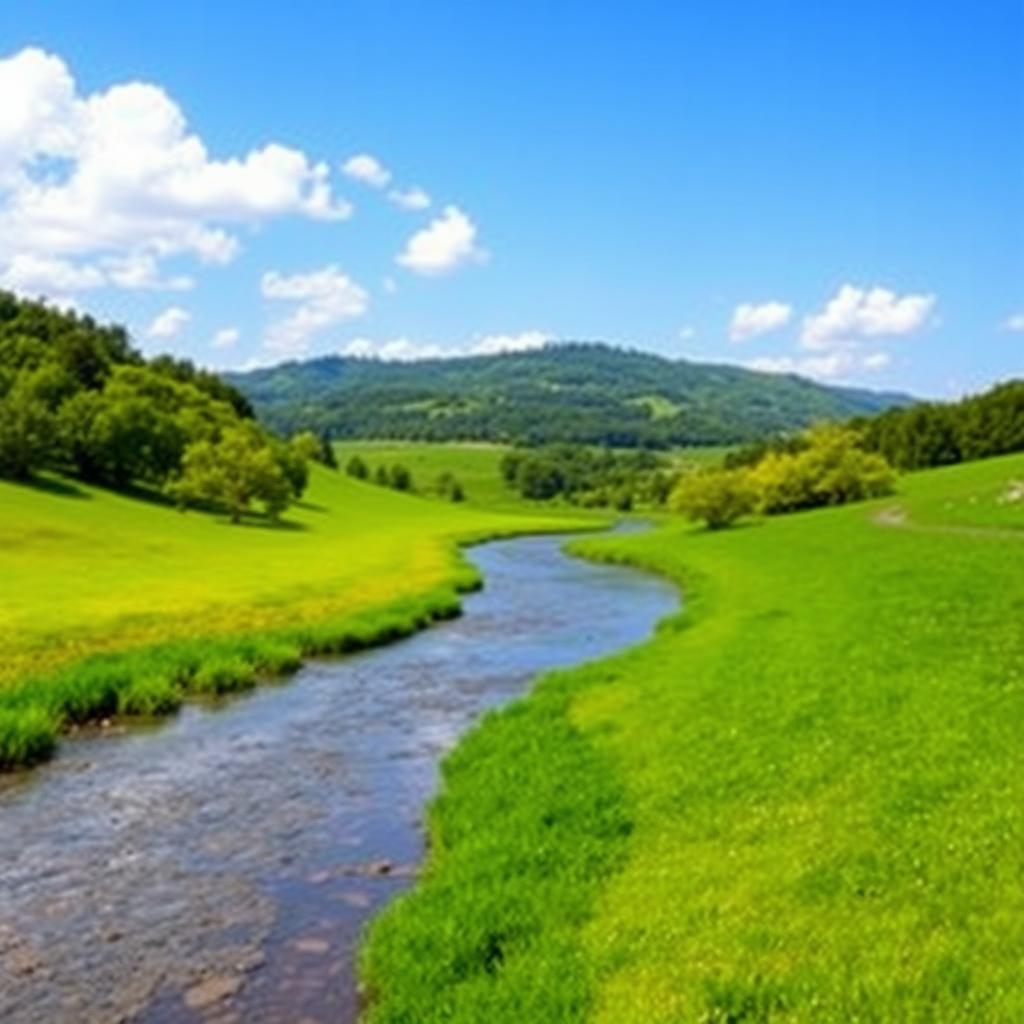 Generate an image of a beautiful, serene landscape with a clear blue sky, lush green fields, and a calm river flowing through it