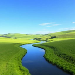 Generate an image of a beautiful, serene landscape with a clear blue sky, lush green fields, and a calm river flowing through it