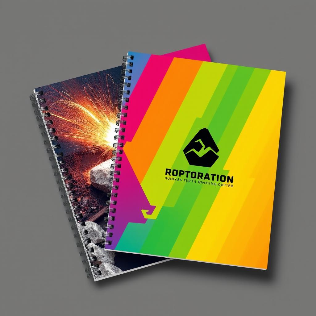 A colorful notebook cover design for a mining company specializing in rock fragmentation